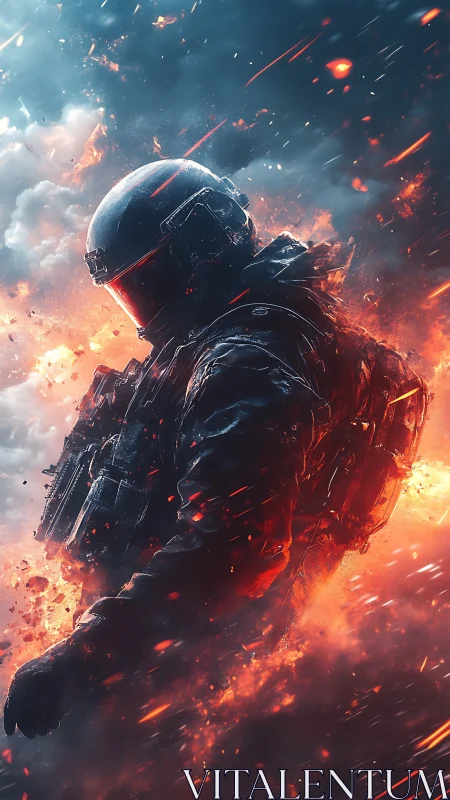 Armored assault trooper in inferno turbulence, dynamic bokeh