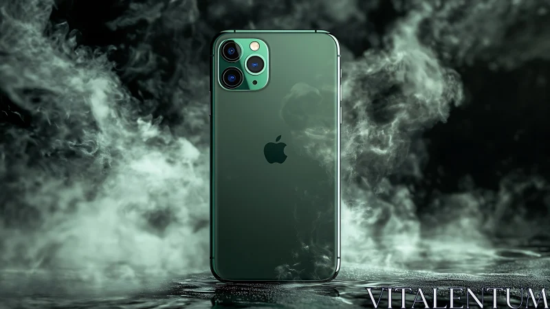 Emerald smartphone rises from swirling techno mist. Period.