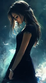 Softly lit girl in a dark dress pauses in quiet reflection