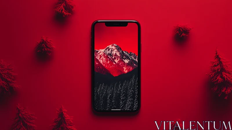 Smartphone frames vivid red mountain landscape in bold contrast