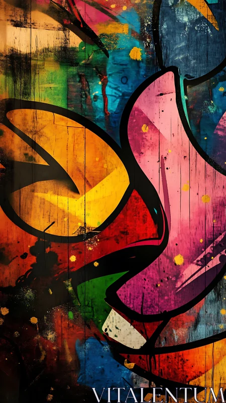 Colorful abstract graffiti curves cover distressed wooden wall