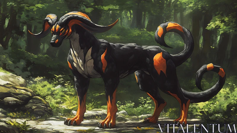 Infernal horned beast standing in sunlit forest clearing.