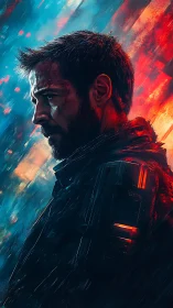 Side profile of male figure in neon-lit digital portrait