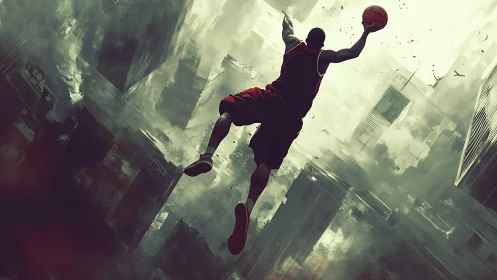 Dynamic basketball dunk rendered over abstract urban skyline
