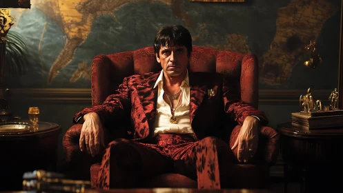 Commanding man in red velvet suit in a lavish office.