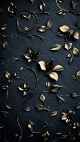 Gilded floral arabesque on textured midnight slate wall.