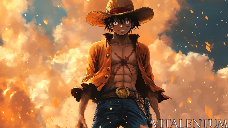 Straw-hatted anime hero amid blazing cinematic skyscape.