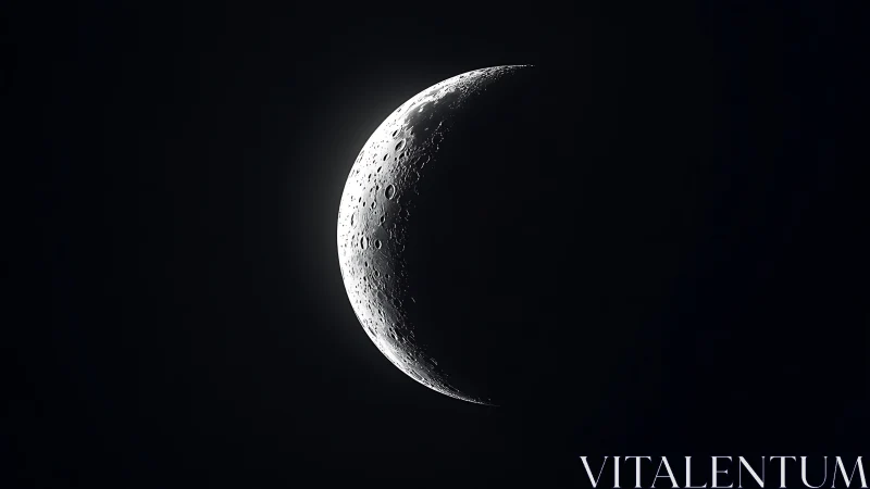 Crescent moon with detailed craters against black sky.