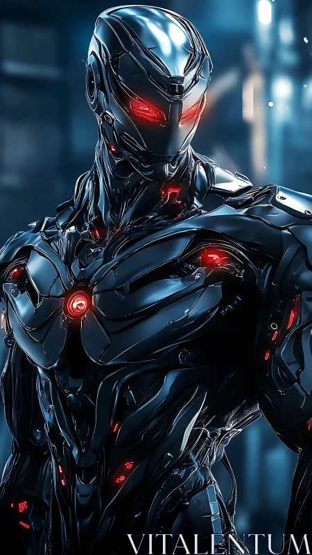 Chrome war sentinel pauses, red sensor-lights quietly burning