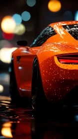 Rain‑coated orange supercar rear with bokeh night reflections