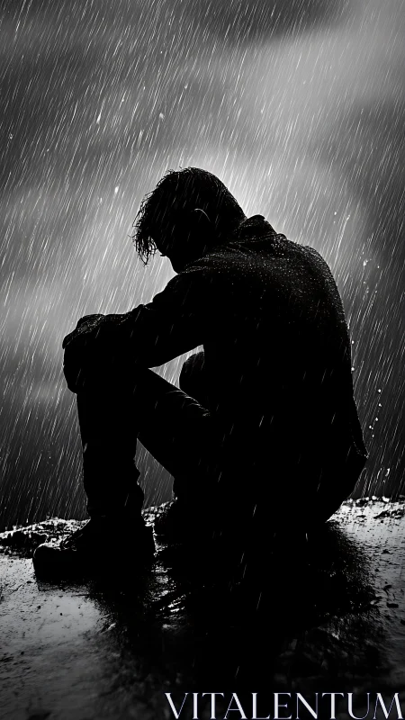 Silhouetted figure sits alone in heavy nighttime rain