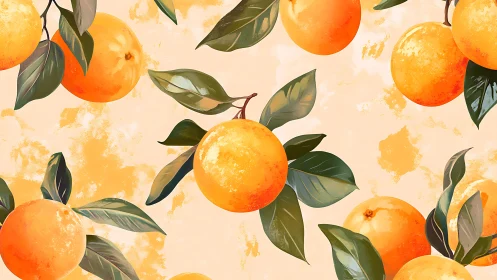 Citrus branches pattern with glossy oranges on pastel ground.