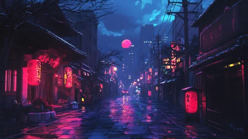 Neon night street glowing softly beneath a distant pink moon.