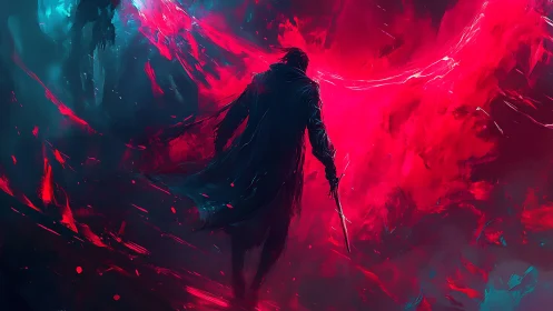 Shadowed wanderer carves a crimson path through chaos light