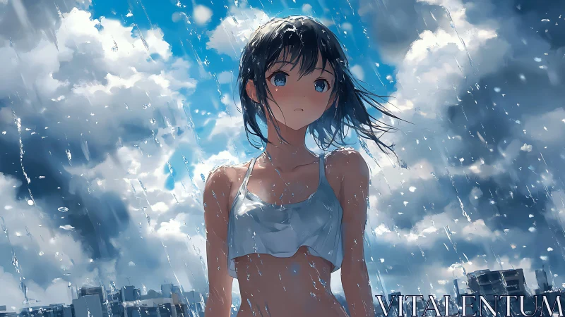 Anime girl in summer rain over bright city skyline.