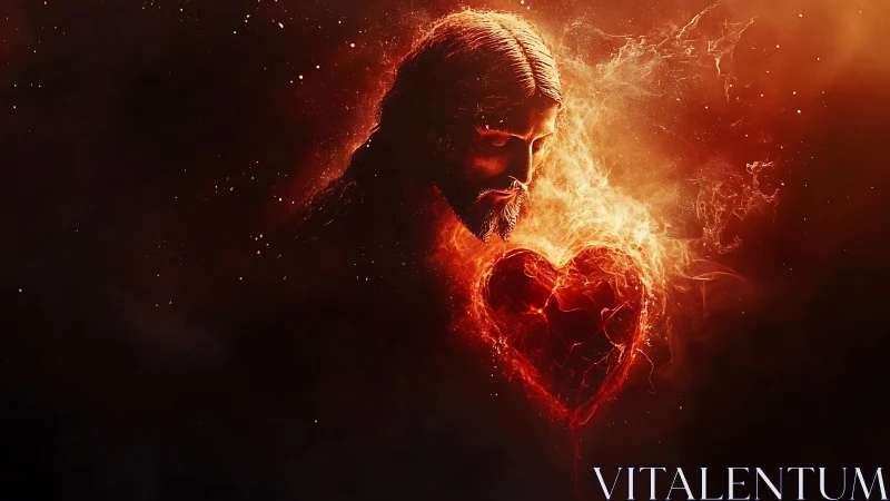 Fiery sacred heart with illuminated male figure in glowing nebula