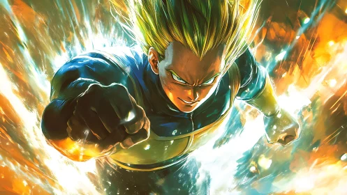 Saiyan warrior charging forward in intense energy burst.