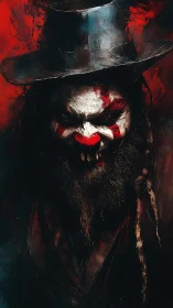 Dark portrait shows sinister clown figure in tall black hat