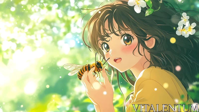 Sunlit girl with bee in dreamy spring garden illustration.
