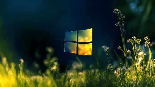 Glowing glass window logo hovering above macro sunlit meadow bokeh