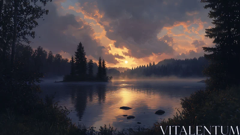 Twilight hush over misty lake island and glowing forest horizon.