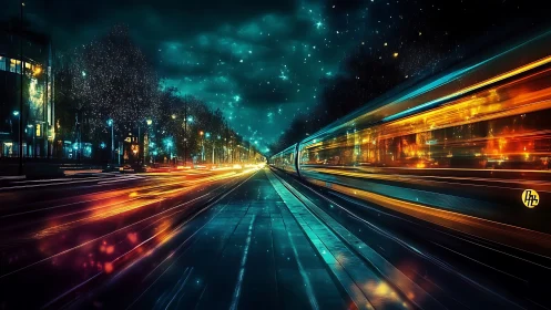 Neon train streaks through night city with long exposure light
