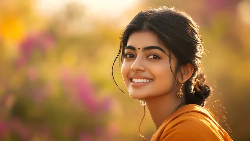 Young woman in warm outdoor portrait with soft background blur