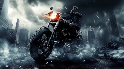 Storm-lit motorcycle powers through ruined cyber city streets.