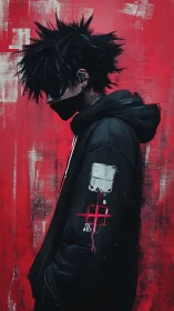 Hooded figure in black mask stands against rough red wall.