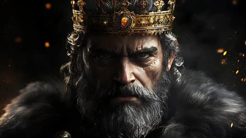 Stern bearded king in jeweled crown against dark background.