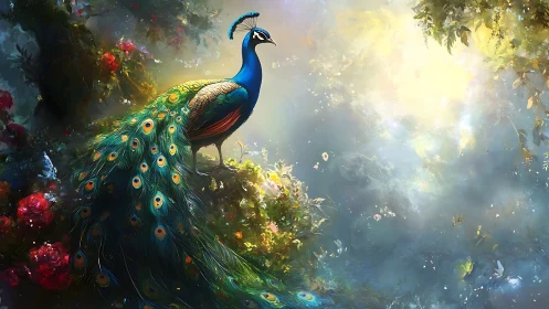 Peacock on forest ledge near bright misty clearing.