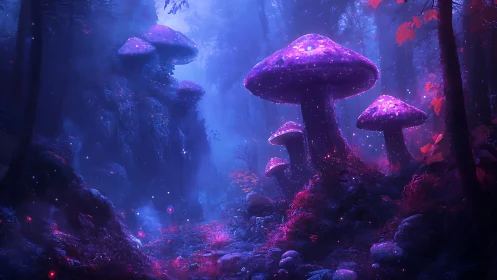 Glowing purple mushrooms lighting a dreamy enchanted forest.