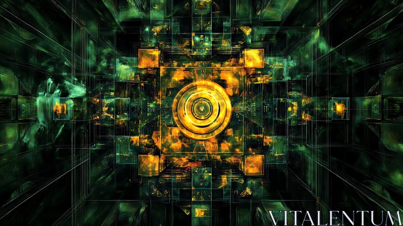 Geometric digital vortex with glowing golden central core.