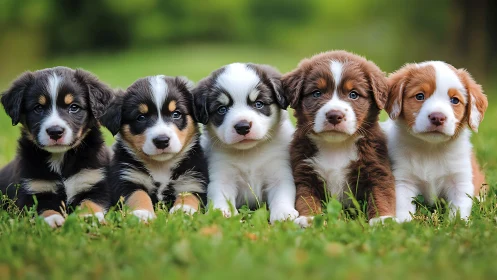 Five symmetrically aligned puppies on grass under shallow depth of field