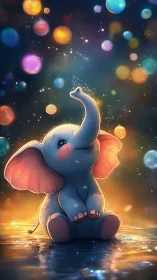Cute baby elephant sitting under glowing colorful orbs.