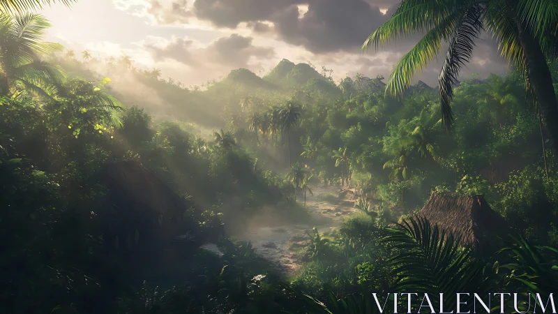 Mist-veiled jungle river winds through dense tropical canopy.