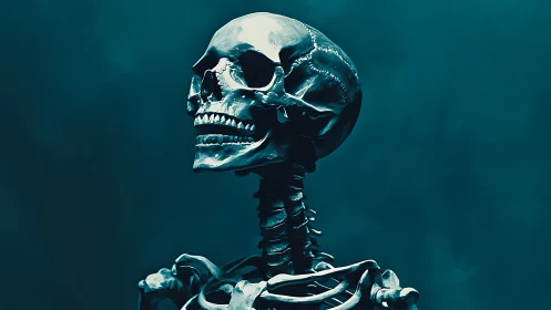 Metallic human skeleton rendered against deep teal haze