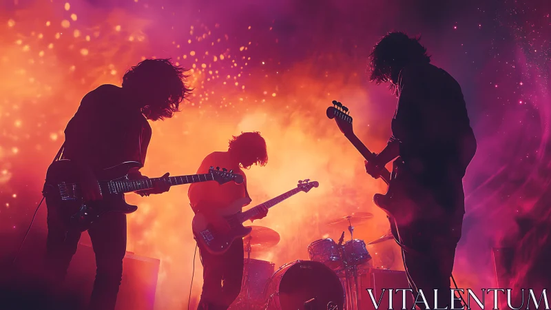 Silhouetted rock band performing amid vivid magenta stage haze