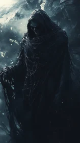Hooded skeletal wraith stands in dark misty landscape.