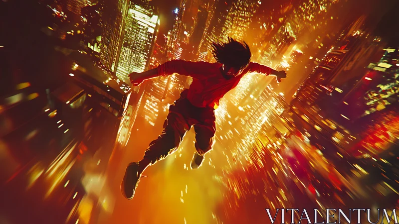 Kinetic rooftop plunge through neon cityscape with motion blur