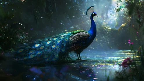 Moonlit peacock guardian strolling through a luminous forest pond.