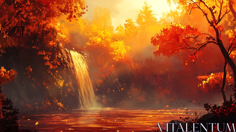 Golden autumn waterfall glows in warm, misty forest light