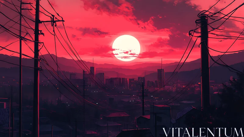 Crimson sunset skyline framed by silhouetted power lines.