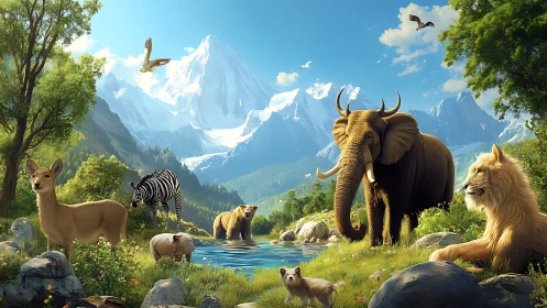 Mountain valley wildlife gather beside clear reflective river