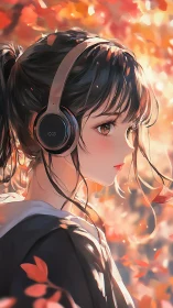 Autumn girl in headphones walks through soft golden light.