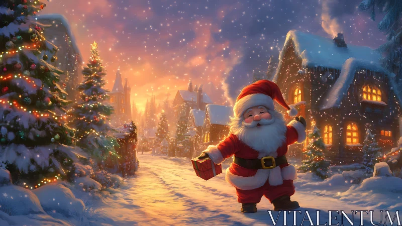 Cheerful Santa in glowing snowy village at golden sunset.