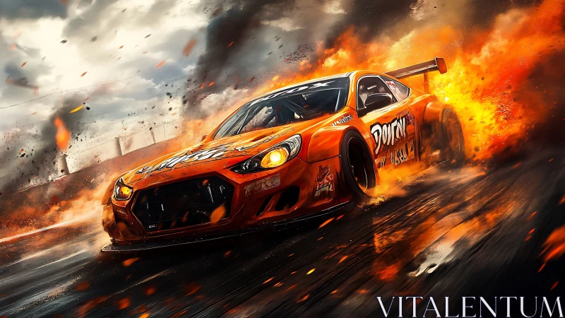 Aggressive drift car slices wet track amid erupting flame plumes