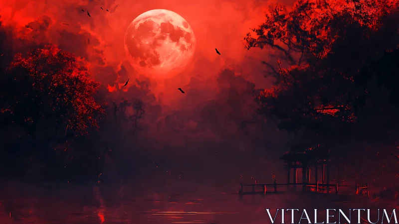 Crimson moonlight gently bathes a misty lake and hidden pier