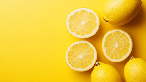 Halved and whole lemons arranged on uniform yellow surface.