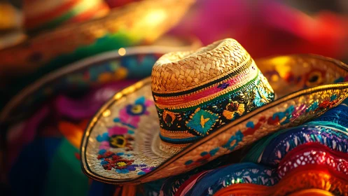 Macro closeup of embroidered straw sombrero in warm bokeh light